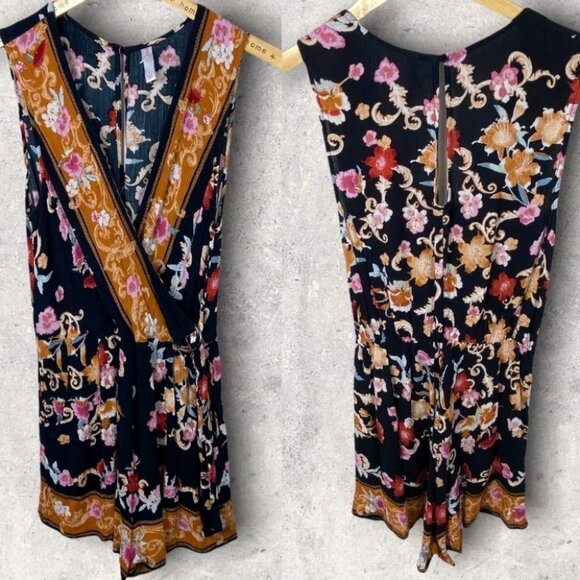 Target Xhilaration‎ Bohemian Floral V-Neck Romper Printed Size Small Blue Orange - Picture 1 of 13